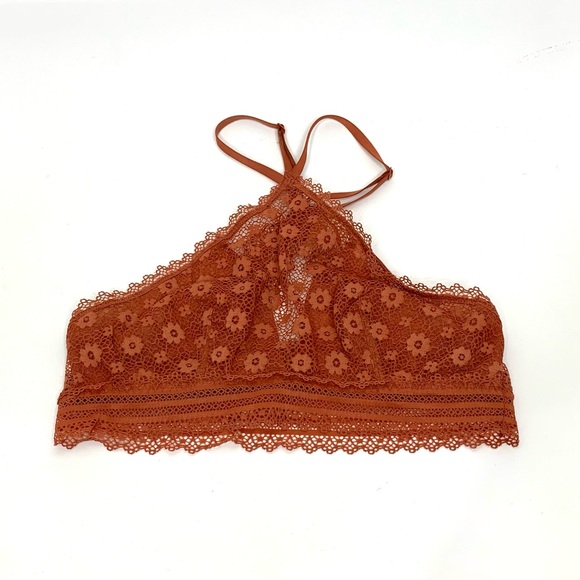 Victoria’s Secret Burnt Orange Flowered Lace Boho Triangle Halter Bralette - Picture 1 of 16